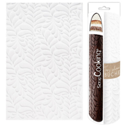 Tapis silicone ScrapCooking Cookina blanc avec motifs végétaux en relief et emballage pour décoration de bûches de Noël.