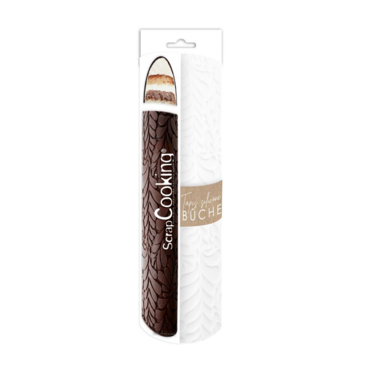 Emballage du tapis silicone ScrapCooking Cookina pour bûche de Noël avec aperçu d'une bûche chocolatée aux motifs végétaux en relief.