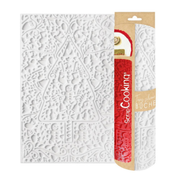 Tapis silicone ScrapCooking Cookina blanc avec motifs de Noël en relief, sapin, flocons et personnages festifs, accompagné de son emballage.
