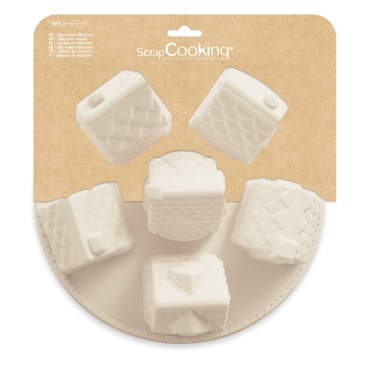 Moule silicone blanc ScrapCooking pour réaliser des chalets de Noël en 3D, avec 6 empreintes aux motifs de maisons et toitures en relief.