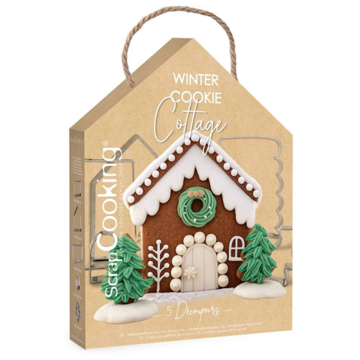 Kit ScrapCooking Winter Cookie Cottage comprenant 5 découpoirs en inox pour réaliser une maison en pain d’épices de Noël, présenté dans son emballage.
