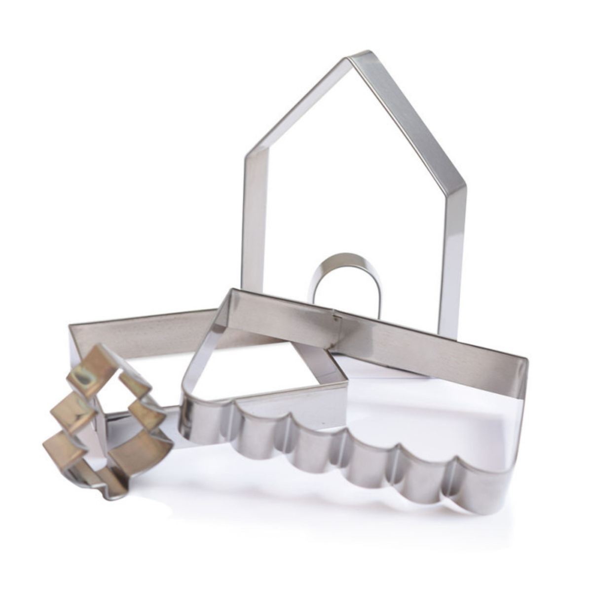 Lot de 5 découpoirs en inox ScrapCooking pour maison en pain d’épices, comprenant différentes formes pour les murs, le toit et les décorations de Noël.