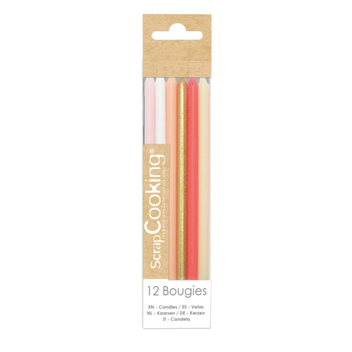 Boîte de 12 bougies longues ScrapCooking rose et or, avec différentes teintes pastel et bougies dorées pailletées.