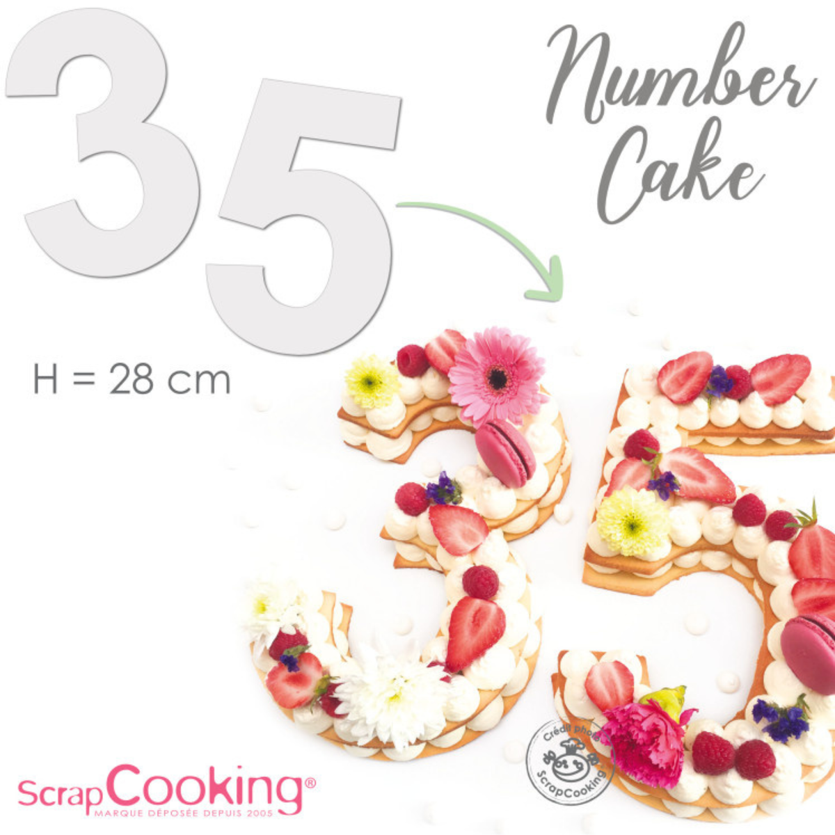 : Number Cake en forme de 35, garni de crème, fraises, framboises, macarons et fleurs, réalisé avec les gabarits ScrapCooking de 28 cm.