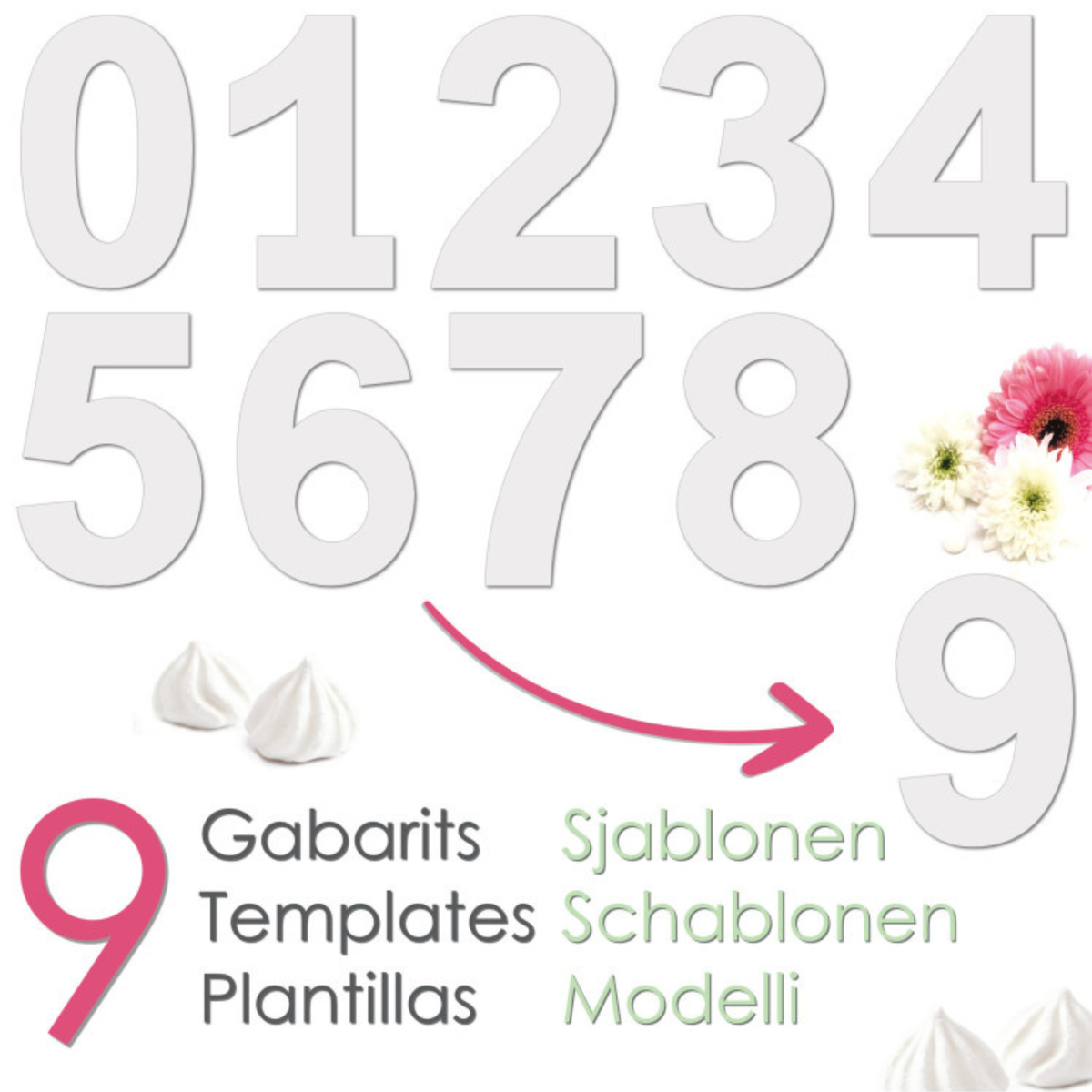 Ensemble de 9 gabarits de chiffres ScrapCooking de 0 à 9 pour réaliser des Number Cakes personnalisés de 28 cm de hauteur.