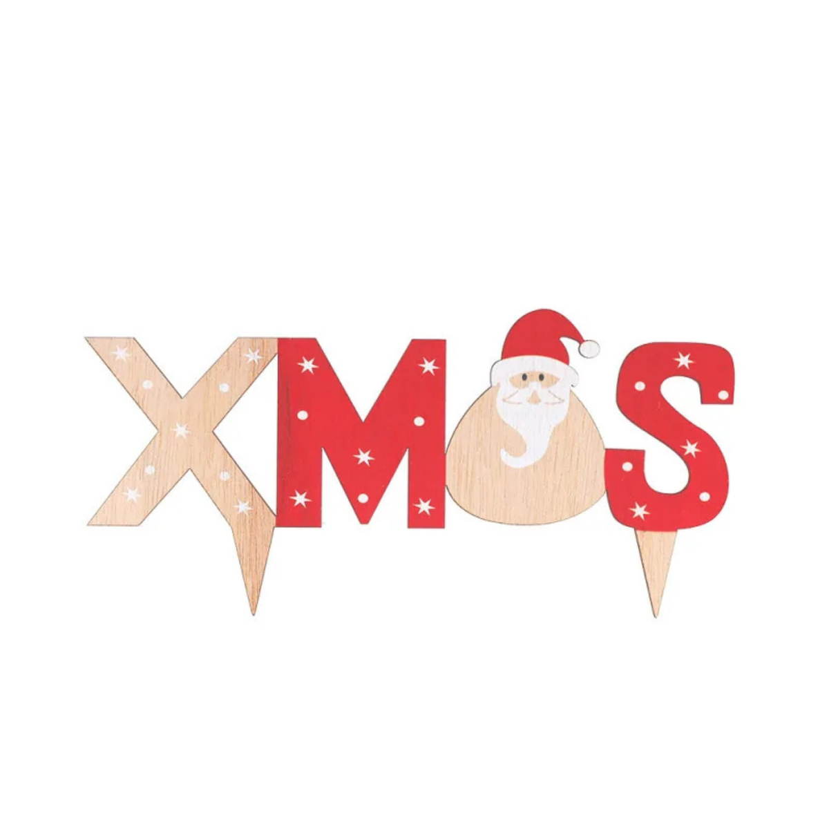 Cake topper Xmas en bois Patis’Décor avec lettres rouges et naturelles, étoiles blanches et Père Noël, pour décoration de gâteau de Noël.