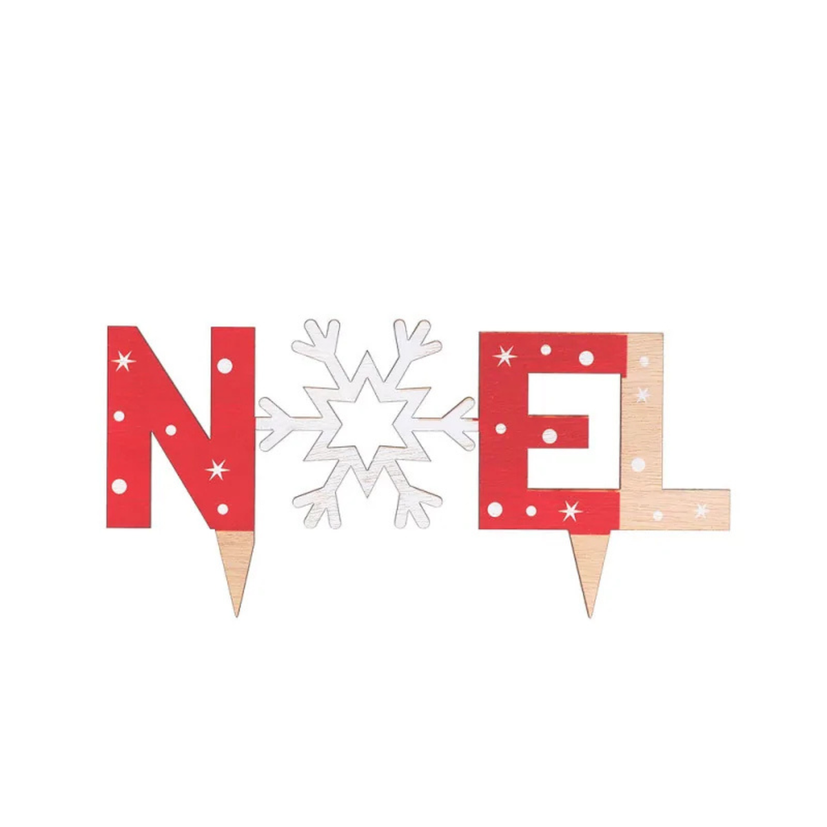 Cake topper Noël Patis’Décor en bois rouge et naturel, avec lettres décorées d'étoiles blanches et flocon de neige argenté à piquer sur un gâteau