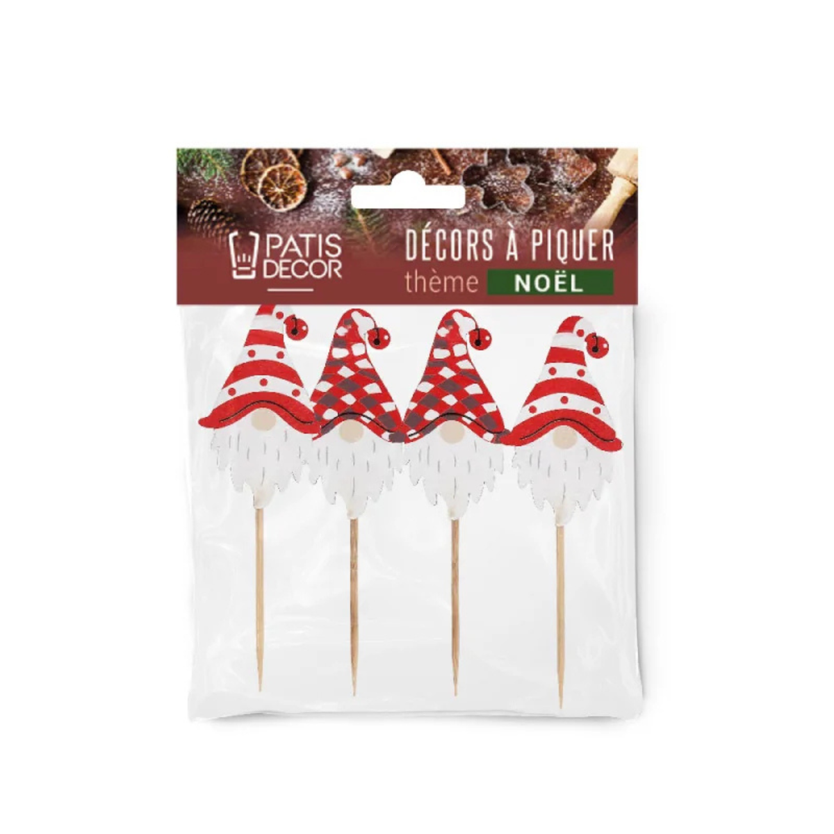 Lot de 4 cake toppers lutins de Noël Patis’Décor avec bonnets rouges et barbes blanches, présentés dans leur emballage de décorations à piquer pour gâteaux.