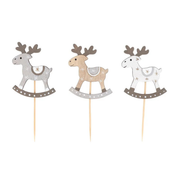 Lot de 3 décorations à piquer Patis’Décor en forme de rennes à bascule, en bois gris, naturel et blanc, avec motifs d'étoiles et pics en bois.