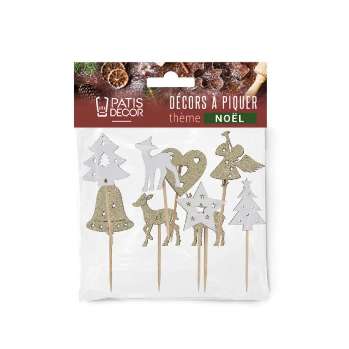 Lot de 9 cake toppers de Noël Patis’Décor blancs et dorés pailletés, présentés dans leur emballage de décorations à piquer pour gâteaux et bûches de Noël.
