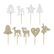 Lot de 9 décorations à piquer Patis’Décor sur le thème de Noël, avec sapins, rennes, étoile, cloche, cœur et ange, en blanc et doré pailleté, avec pics en bois.