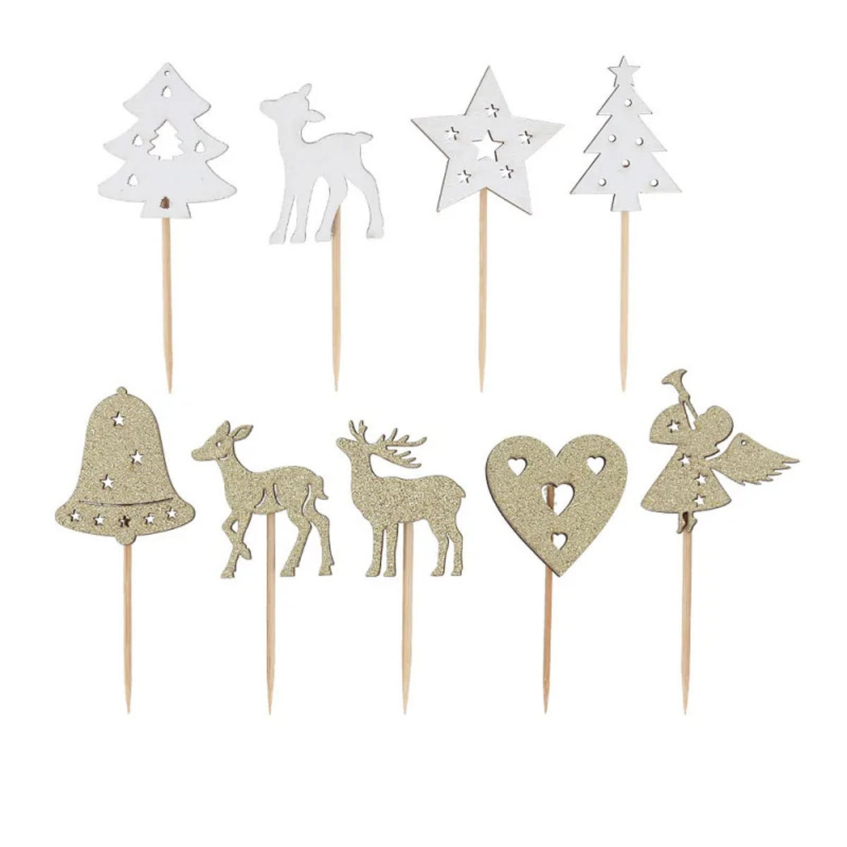Lot de 9 décorations à piquer Patis’Décor sur le thème de Noël, avec sapins, rennes, étoile, cloche, cœur et ange, en blanc et doré pailleté, avec pics en bois.