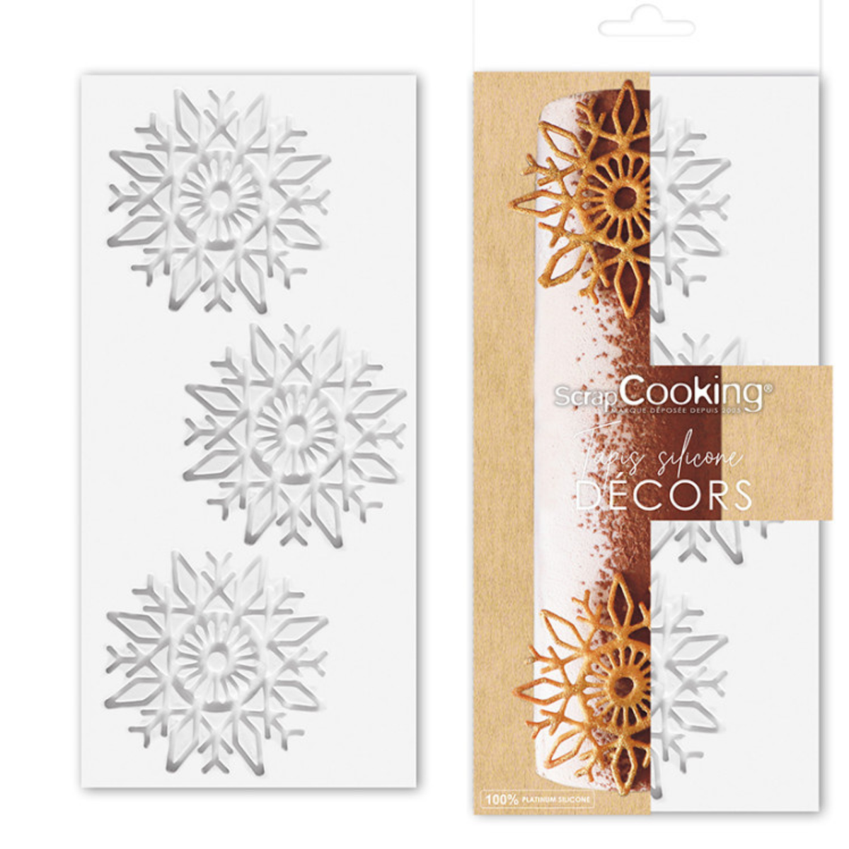 Tapis en silicone ScrapCooking avec 3 empreintes en forme de flocons de neige ajourés, présenté avec son emballage sur fond blanc.