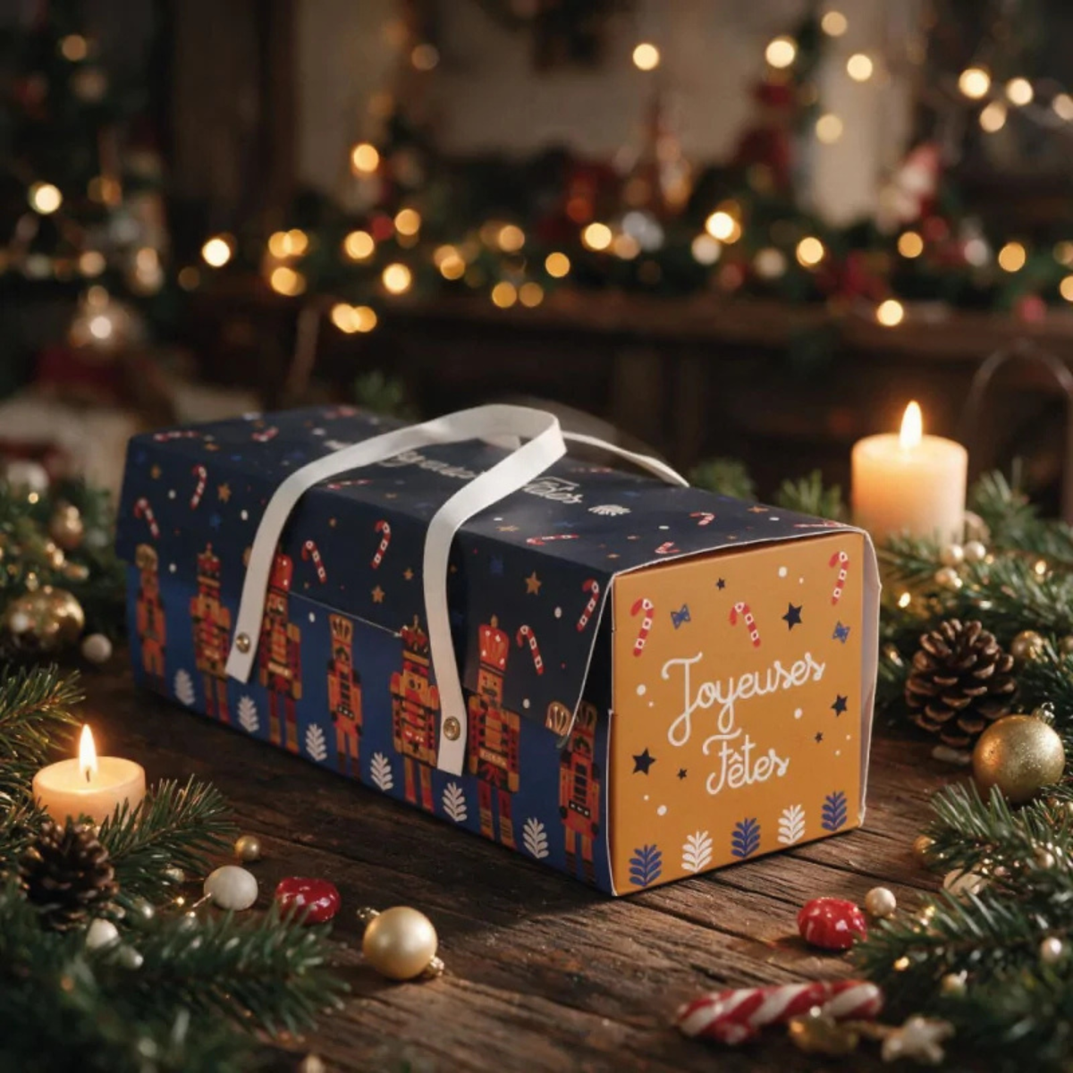Boîte à bûche de Noël Casse-Noisette bleu marine avec poignées blanches et inscription Joyeuses Fêtes, présentée dans un décor de Noël avec bougies et sapin.
