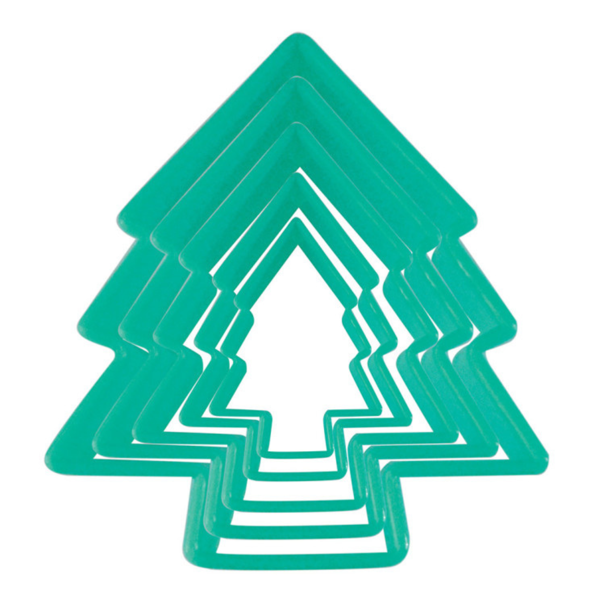 Ensemble de 5 découpoirs en forme de sapin de Noël ScrapCooking, emboîtés les uns dans les autres, en plastique vert sur fond blanc.