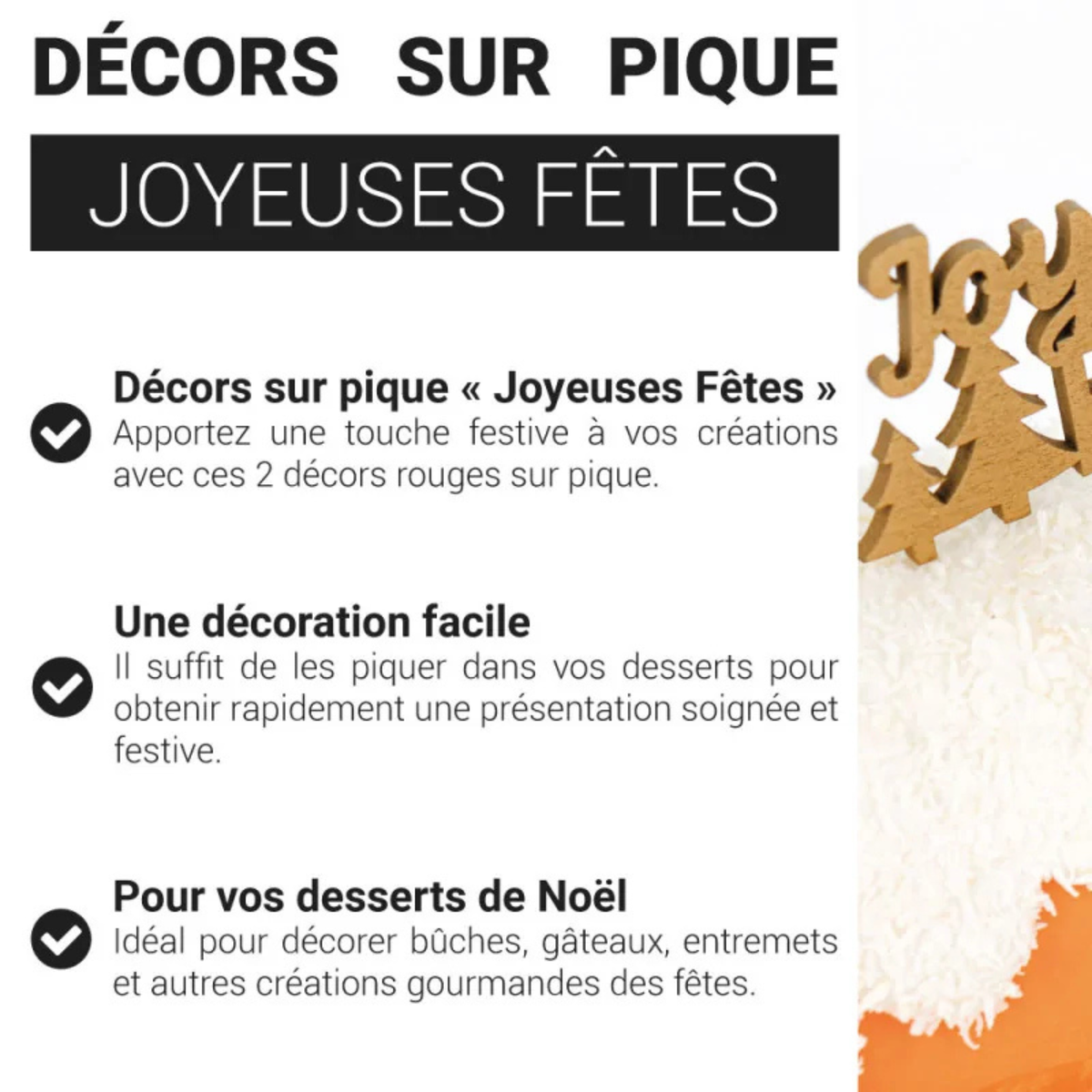Présentation des décors à piquer Joyeuses Fêtes dorés PatisDécor pour décorer les bûches, gâteaux et entremets de Noël.