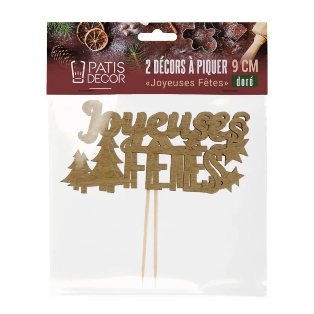 Sachet de 2 décors à piquer Joyeuses Fêtes dorés PatisDécor de 9 cm, avec motifs de sapins et d'étoiles sur piques en bois.