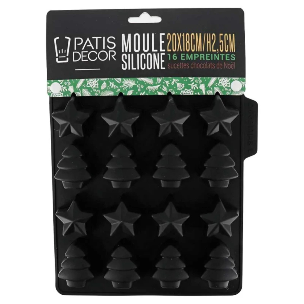 Moule en silicone noir PatisDécor avec 16 empreintes en forme d'étoiles et de sapins de Noël pour réaliser des sucettes en chocolat.