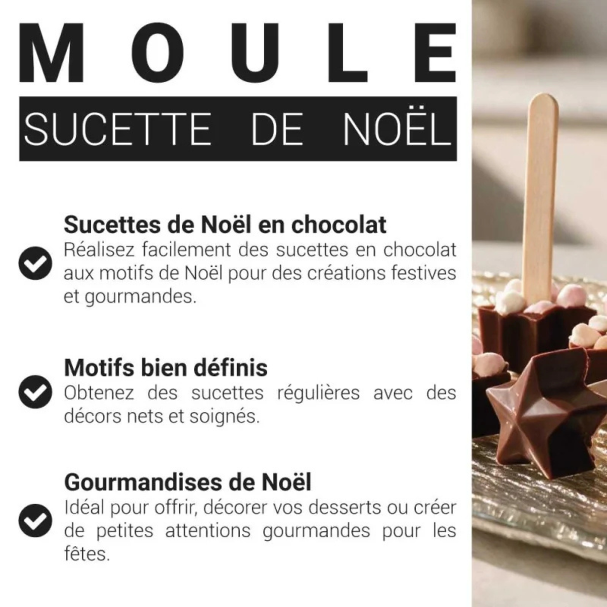 Deux sucettes en chocolat de Noël sur bâtonnets en bois, une étoile en chocolat blanc et un sapin en chocolat au lait.