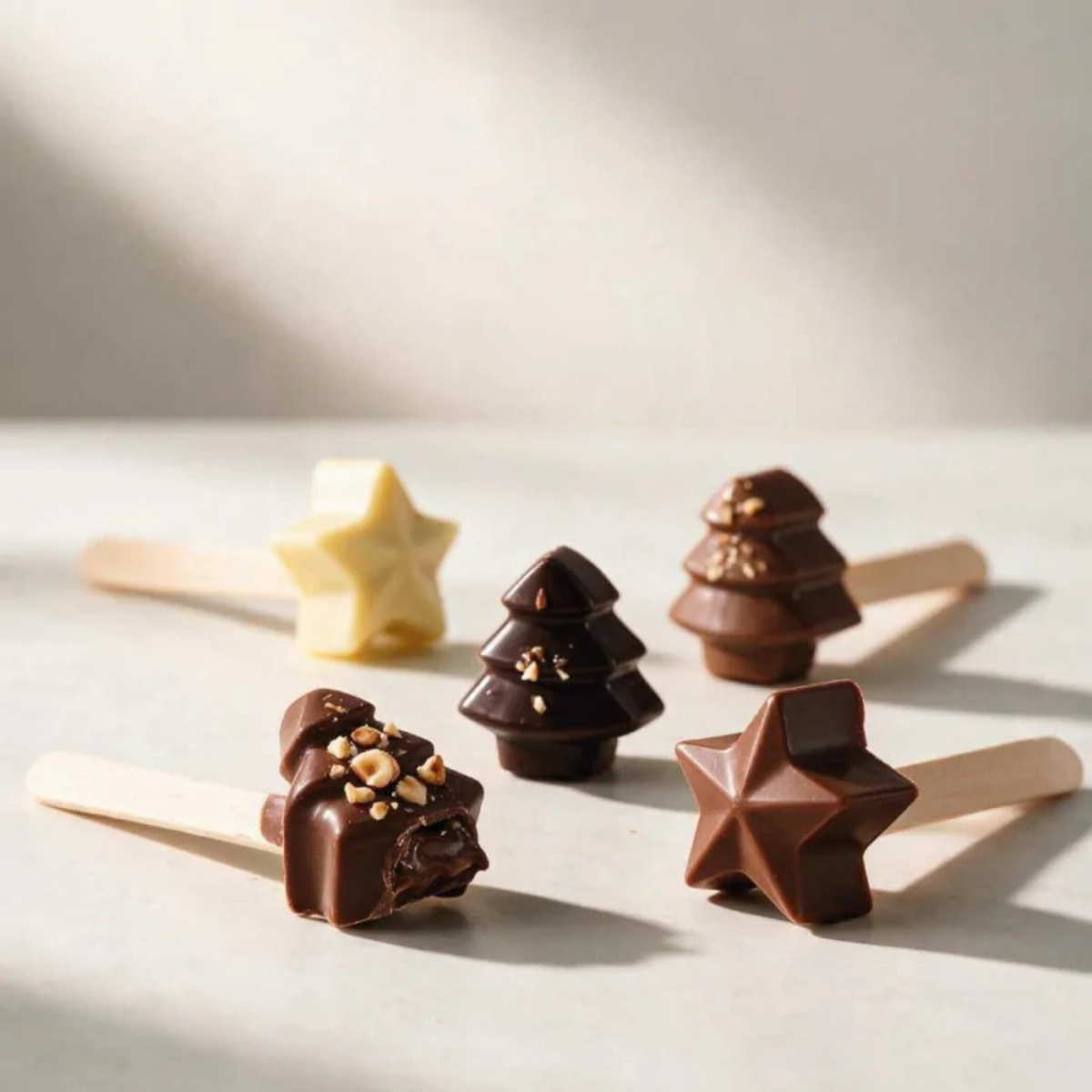 Moule en silicone noir PatisDécor à 16 empreintes étoiles et sapins de Noël, présenté avec des bâtonnets en bois pour sucettes en chocolat.