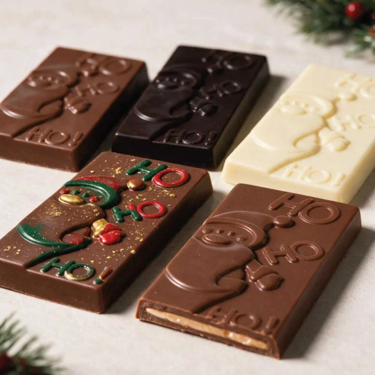 Cinq tablettes de chocolat de Noël avec motif Père Noël en relief, en chocolat blanc, noir et au lait, dont une décorée en rouge, vert et doré.