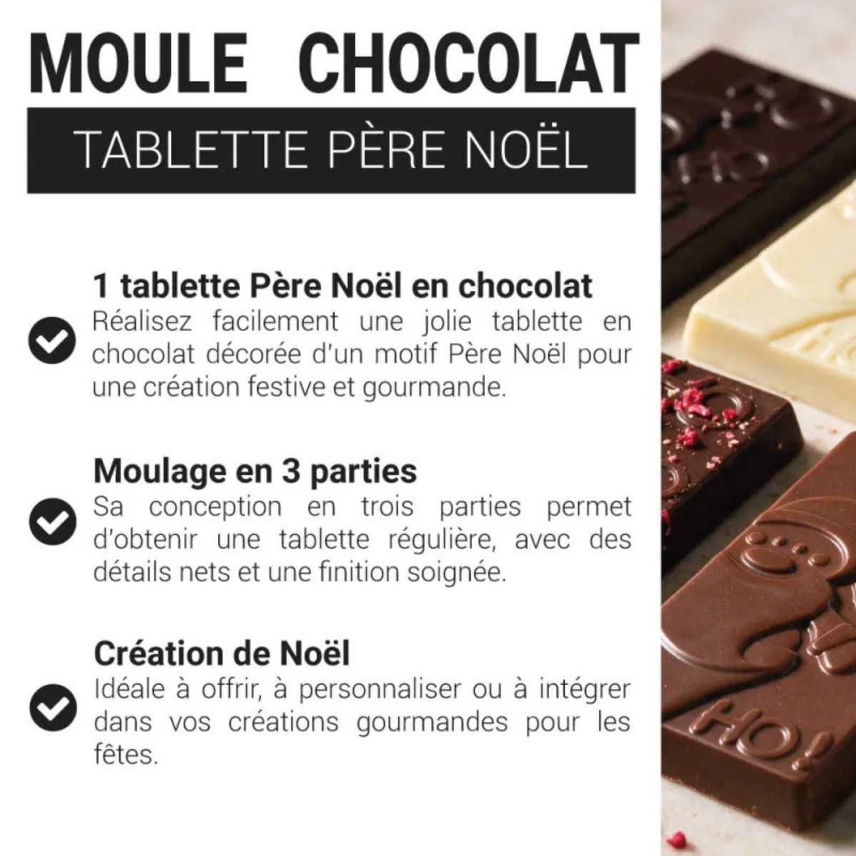 Présentation du moule à chocolat en 3 parties PatisDécor pour réaliser une tablette rectangulaire avec un Père Noël en relief et les inscriptions « Ho Ho Ho ».
