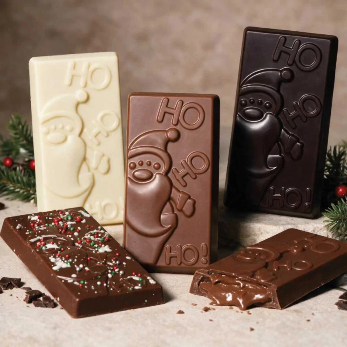 Tablettes de chocolat blanc, au lait et noir en forme de rectangle, décorées d'un Père Noël en relief et des inscriptions « Ho Ho Ho », réalisées avec le moule PatisDécor.