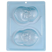 Moule à chocolat en 3 parties PatisDécor en plastique bleu transparent, avec deux empreintes représentant le visage du Père Noël, son bonnet et sa barbe en relief.