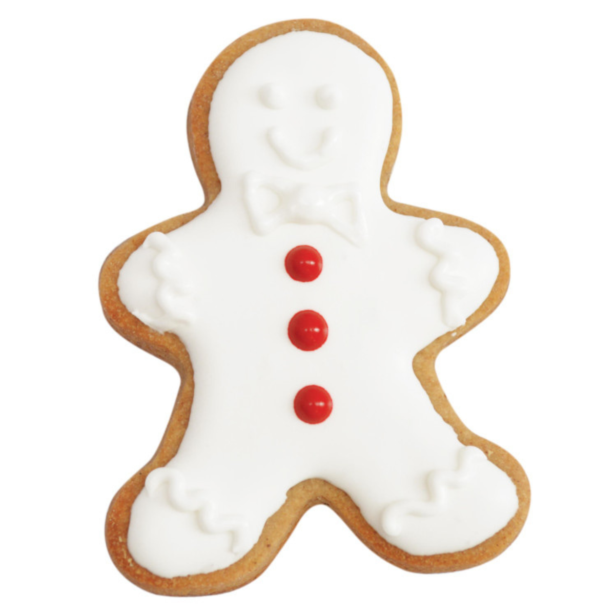 Biscuit de Noël en forme de bonhomme pain d’épices, recouvert d’un glaçage blanc avec nœud papillon et trois boutons rouges.