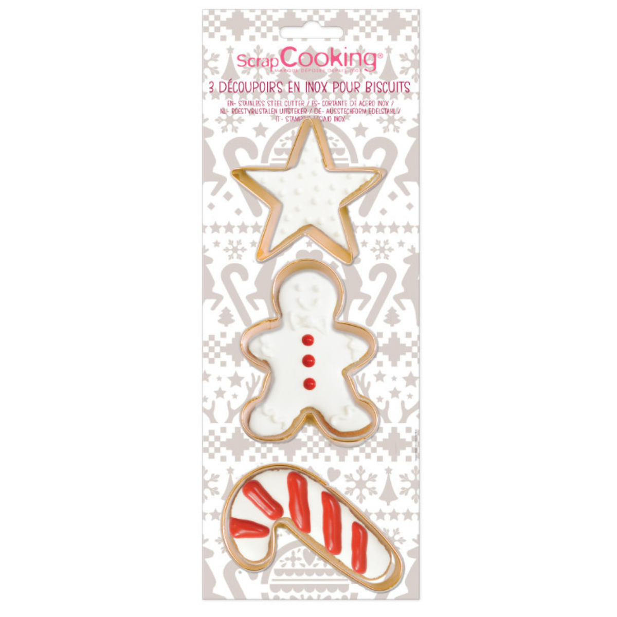 Lot de 3 découpoirs à biscuits de Noël ScrapCooking en inox doré, formes étoile, bonhomme pain d’épices et sucre d’orge, présentés dans leur emballage.