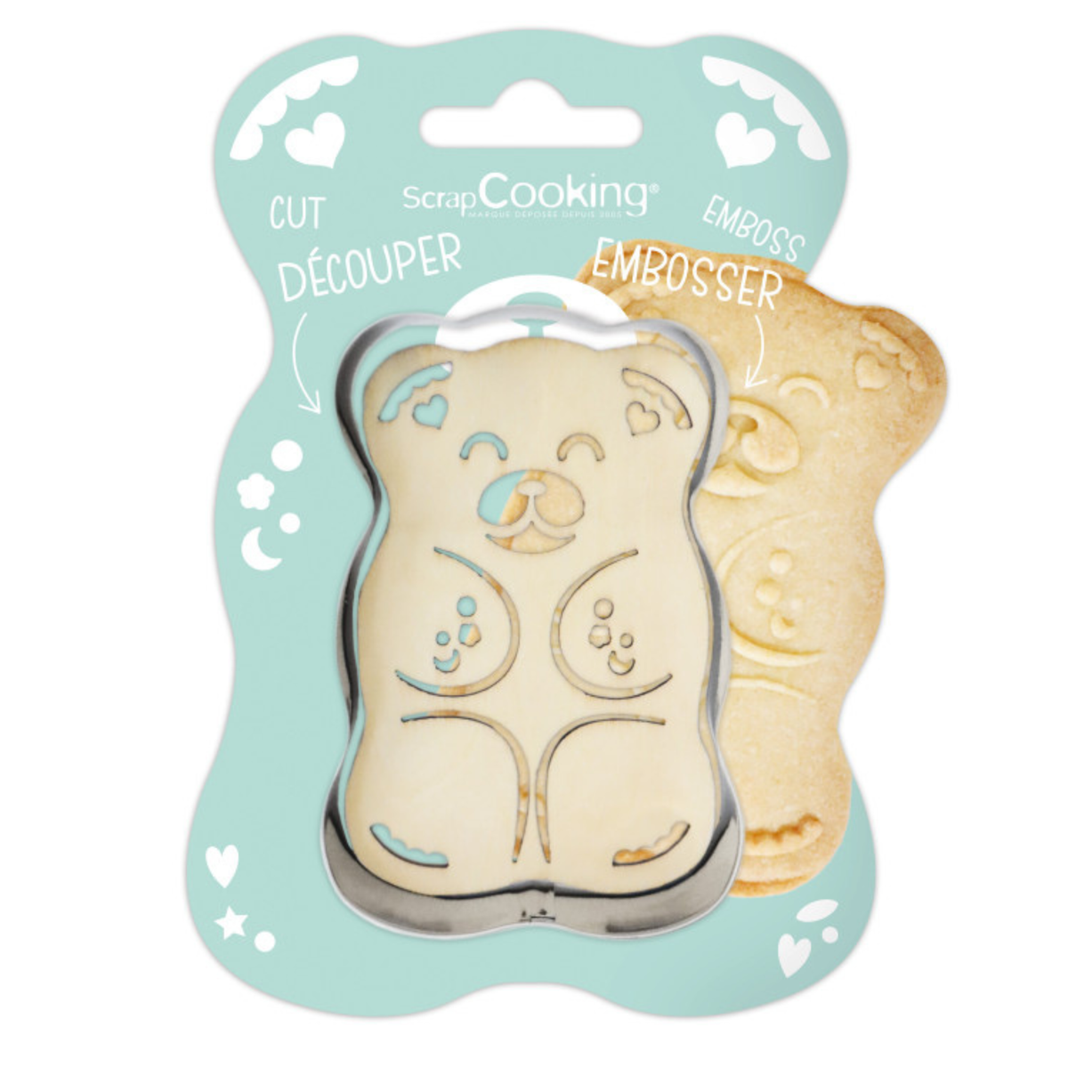Découpoir embosseur ourson ScrapCooking en inox, permettant de découper et d'imprimer les détails d'un petit ours sur les biscuits, présenté dans son emballage.