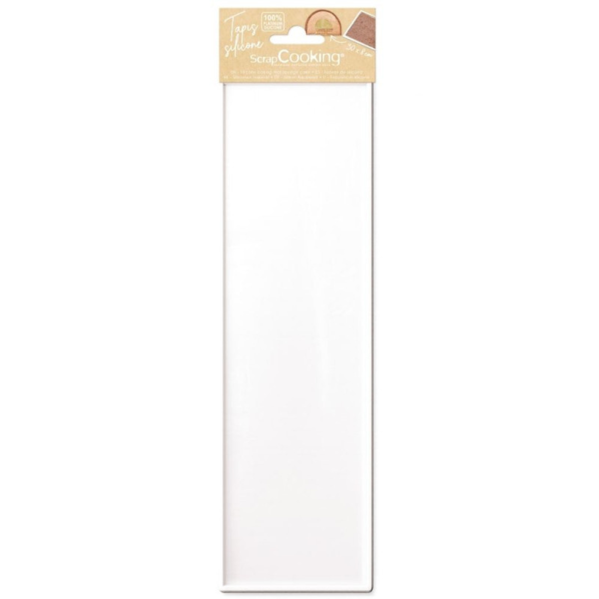 Tapis en silicone blanc ScrapCooking de 30 × 8 cm pour la réalisation de bûches de Noël, présenté dans son emballage.