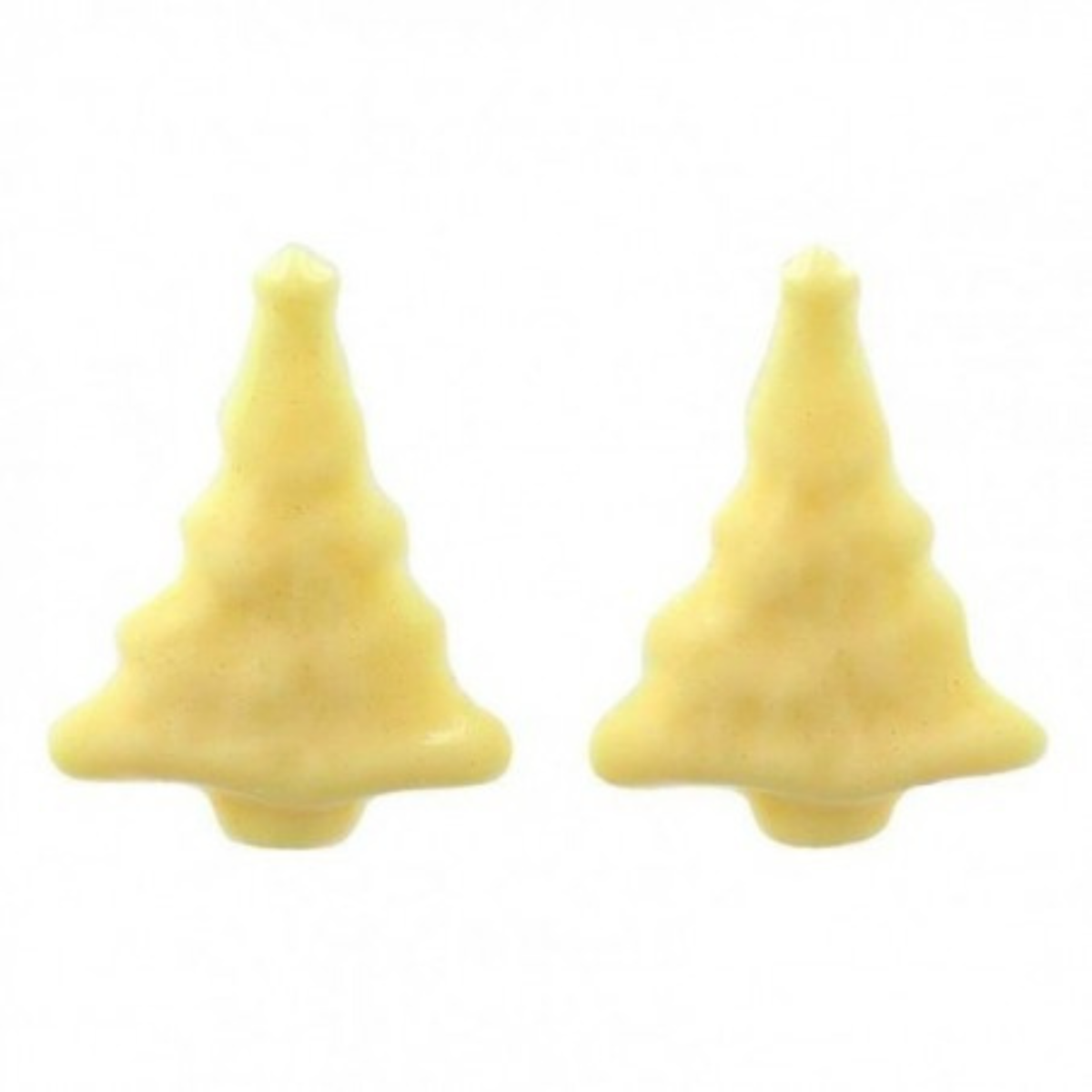 Deux chocolats blancs en forme de sapins de Noël 3D, avec reliefs représentant les branches et le tronc.