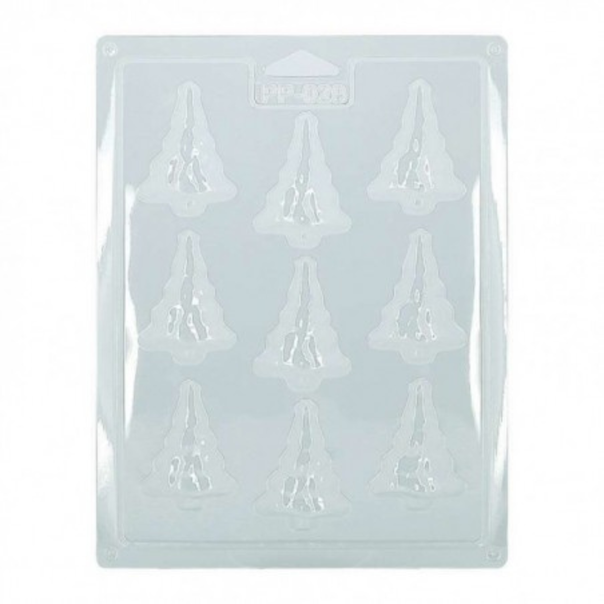 Moule thermoformé transparent pour chocolat avec 9 empreintes de sapins de Noël en relief, présenté sur fond blanc.