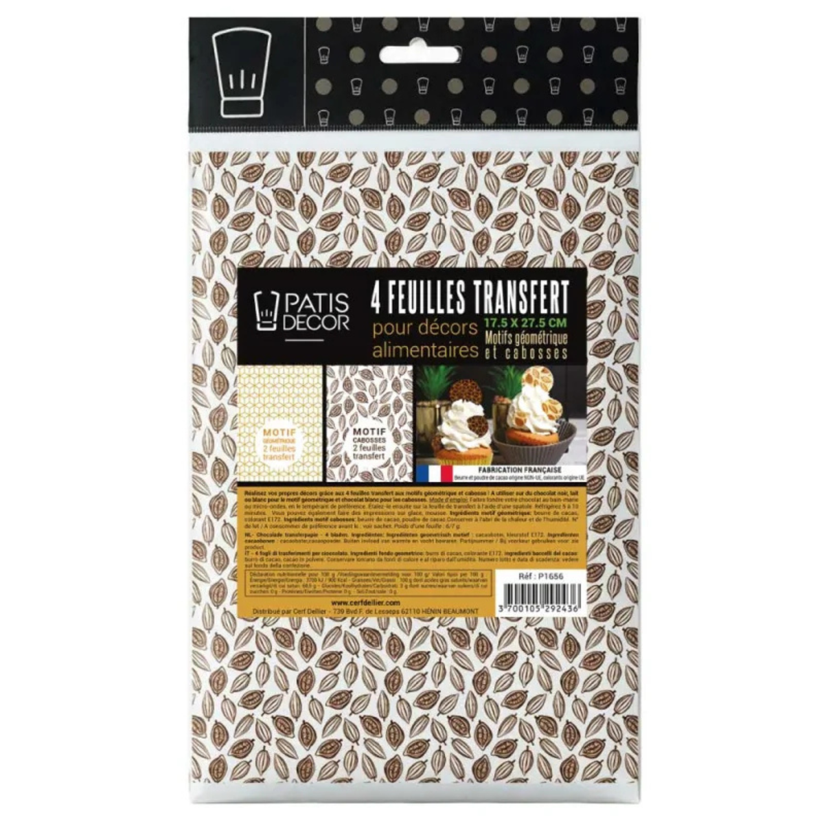 Lot de 4 feuilles de transfert alimentaire PatisDécor de 17.5 × 27.5 cm, motifs cabosses de cacao et géométriques dorés, dans leur emballage.