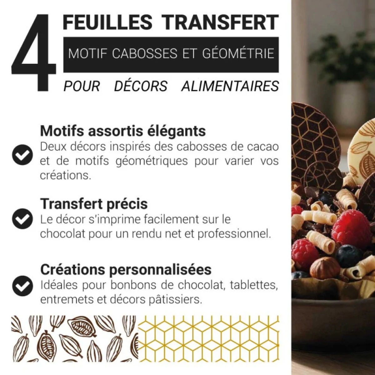 Présentation des 4 feuilles de transfert alimentaire PatisDécor avec motifs de cabosses de cacao marron et motifs géométriques dorés pour décorer les chocolats.