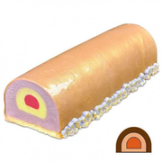 Bûchette pâtissière demi-ronde avec glaçage doré brillant, mousse violette et insert jaune et rose, présentée sur fond blanc.