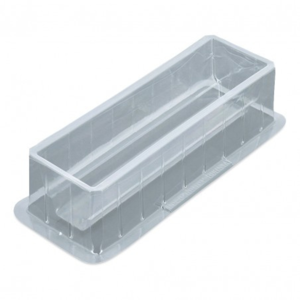 Moule à bûche de Noël court rectangulaire en plastique thermoformé transparent, avec fond plat et parois droites, présenté sur fond blanc.