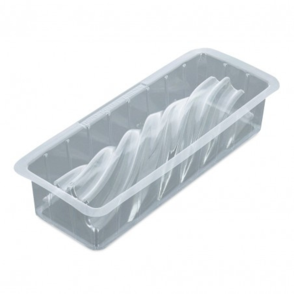 Moule à bûche de Noël rectangulaire transparent avec motif torsadé en relief formant des vagues sur toute la longueur, présenté sur fond blanc.