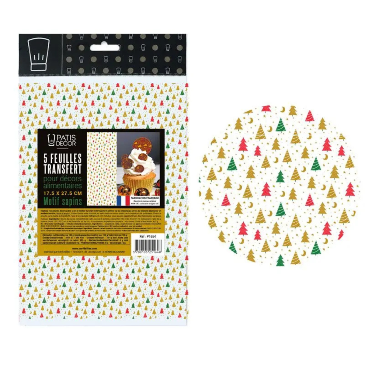 Lot de 5 feuilles de transfert alimentaire PatisDécor motif sapins de Noël, dimensions 17.5 × 27.5 cm, avec décorations dorées, rouges et vertes.