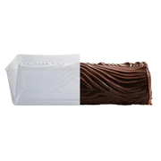 Moule à bûche de Noël traditionnelle PatisDécor en PVC transparent, présenté avec une bûche au chocolat noir brillant et aux reliefs imitant les veines du bois.
