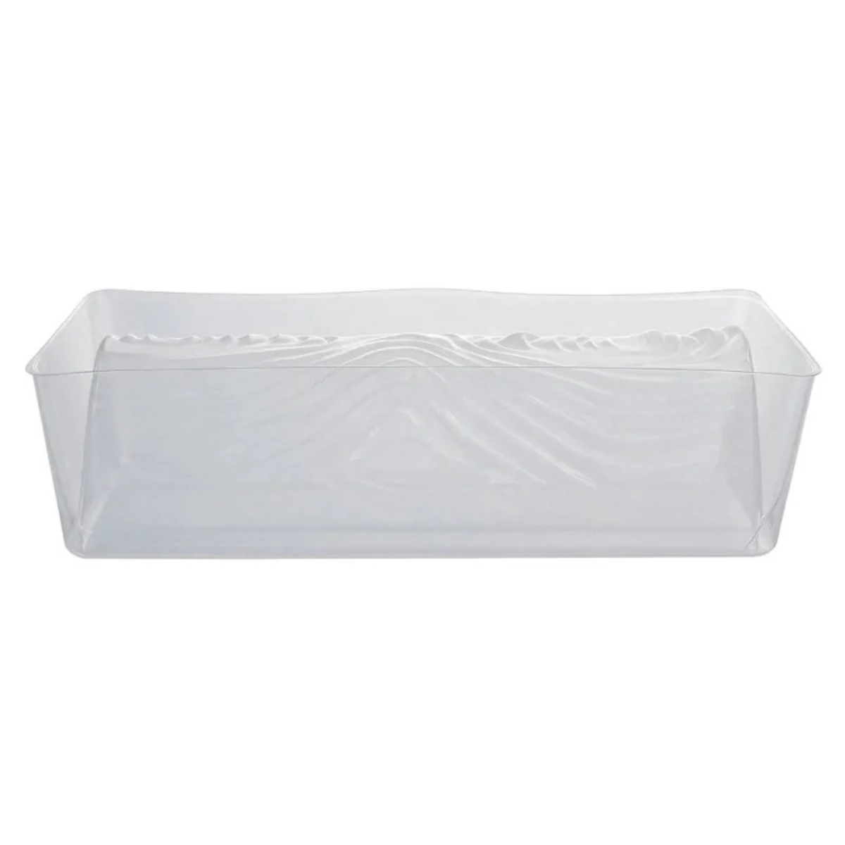 Moule à bûche de Noël traditionnelle en plastique transparent, vue de profil avec empreinte texturée effet écorce de bois, sur fond blanc.