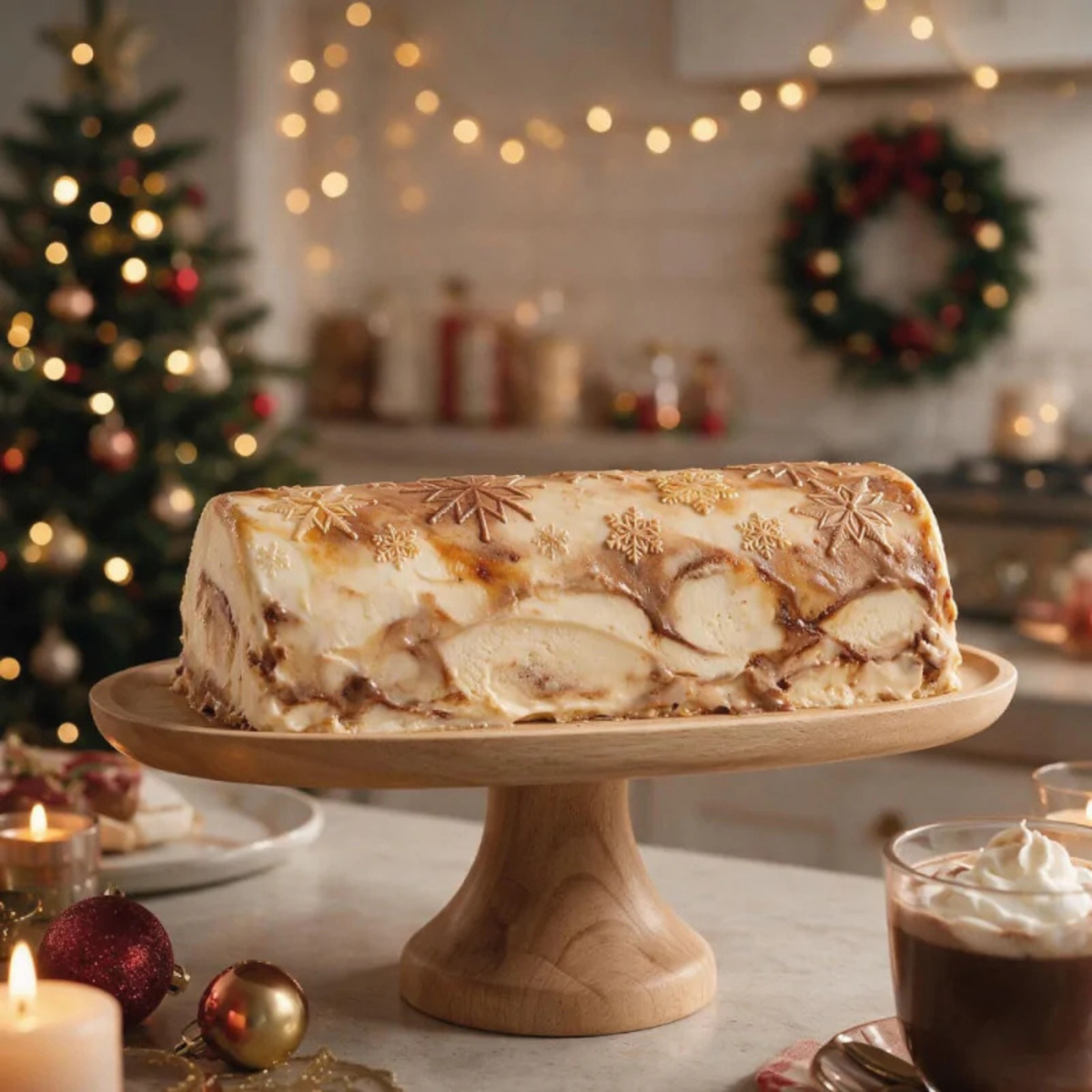 Bûche de Noël au glaçage marbré blanc et caramel, ornée de flocons de neige dorés, présentée sur un présentoir en bois dans une ambiance festive.