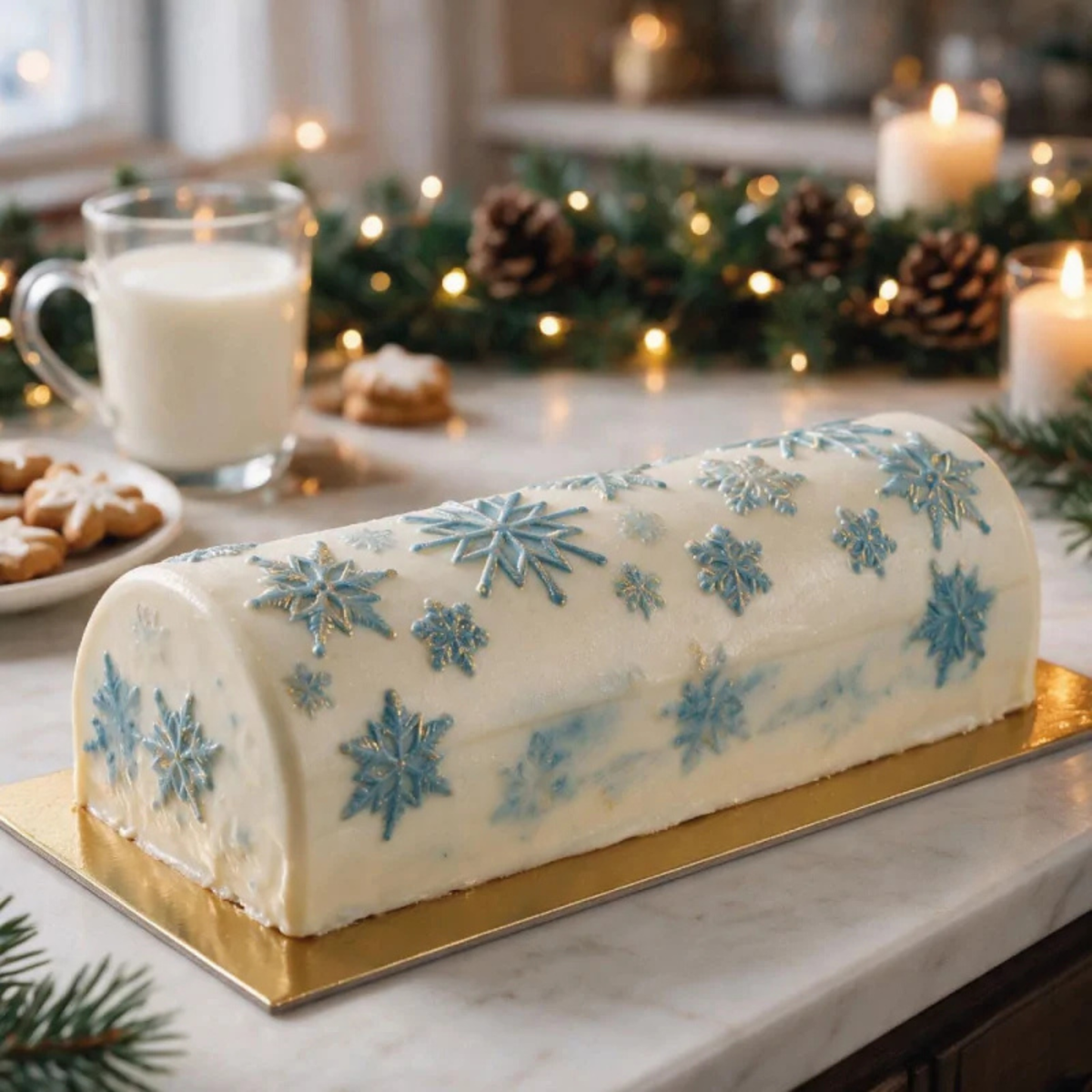 Bûche de Noël blanche décorée de flocons de neige bleus et argentés en relief, présentée sur un support doré avec des décorations de Noël.