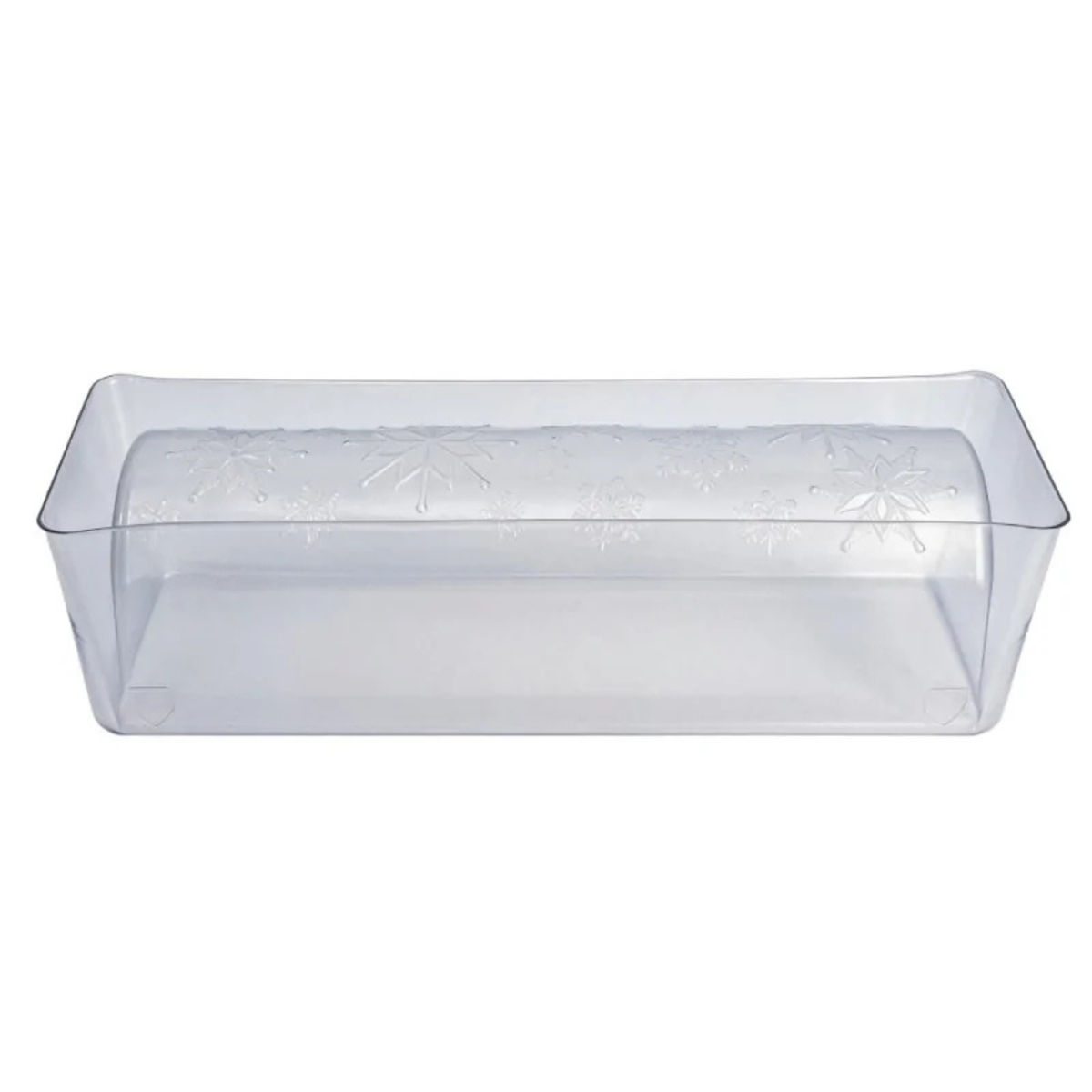 Moule à bûche de Noël Flocons PatisDécor en PVC transparent, vu de profil avec empreinte demi-ronde ornée de flocons de neige de différentes tailles.