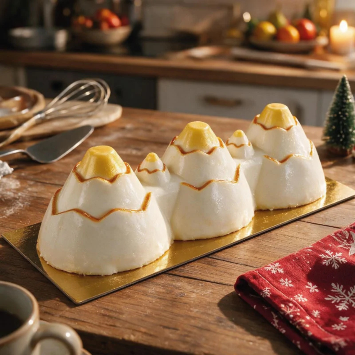 Bûche de Noël Glacier en forme de montagnes enneigées, avec glaçage blanc, sommets dorés et reliefs montagneux, présentée sur un support doré.