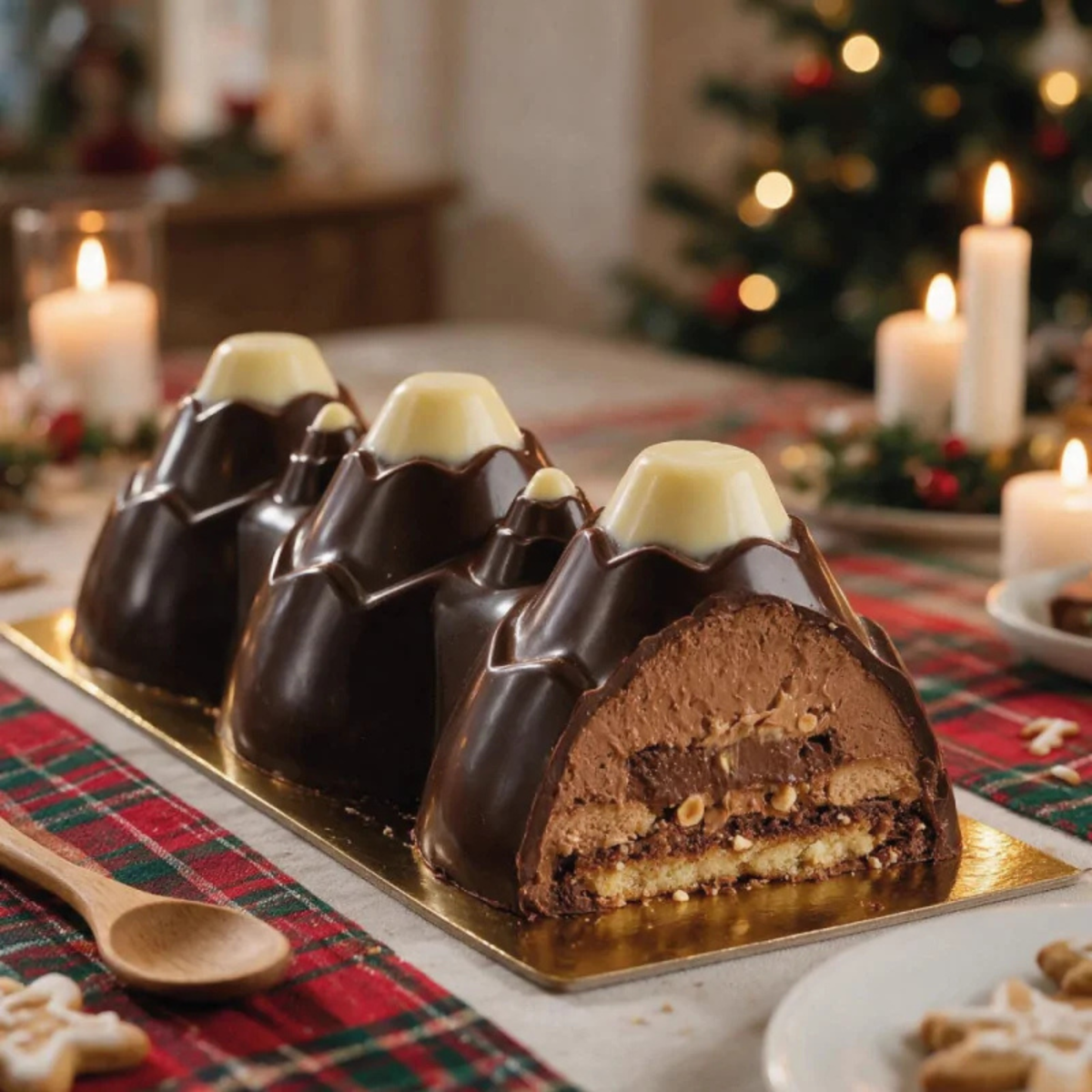 Bûche de Noël Glacier au chocolat noir brillant avec sommets blancs, composée d'une mousse au chocolat, d'un insert gourmand et d'une base biscuitée.