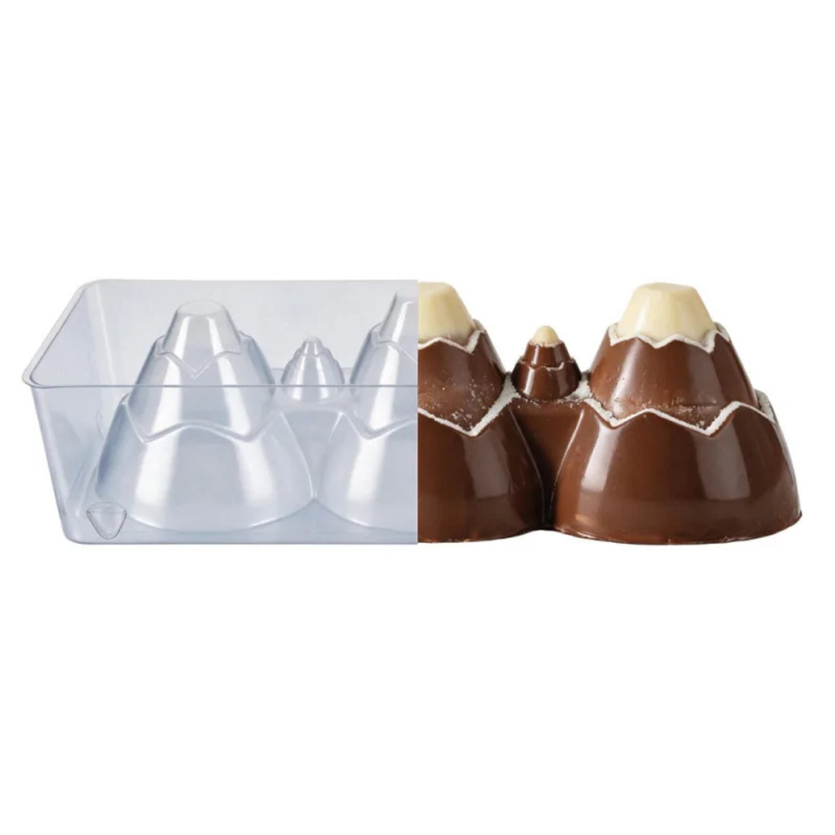 Moule à bûche Glacier transparent présenté à côté d'une bûche au chocolat en forme de montagnes, avec sommets blancs et reliefs enneigés.