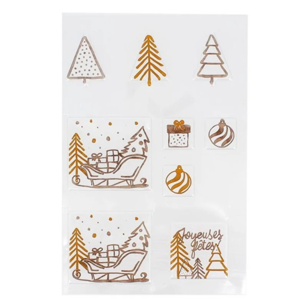 Feuille de transfert pour chocolat thème Noël moderne, avec motifs dorés et argentés représentant des sapins, boules de Noël, cadeaux, traîneaux et inscription Joyeuses Fêtes.