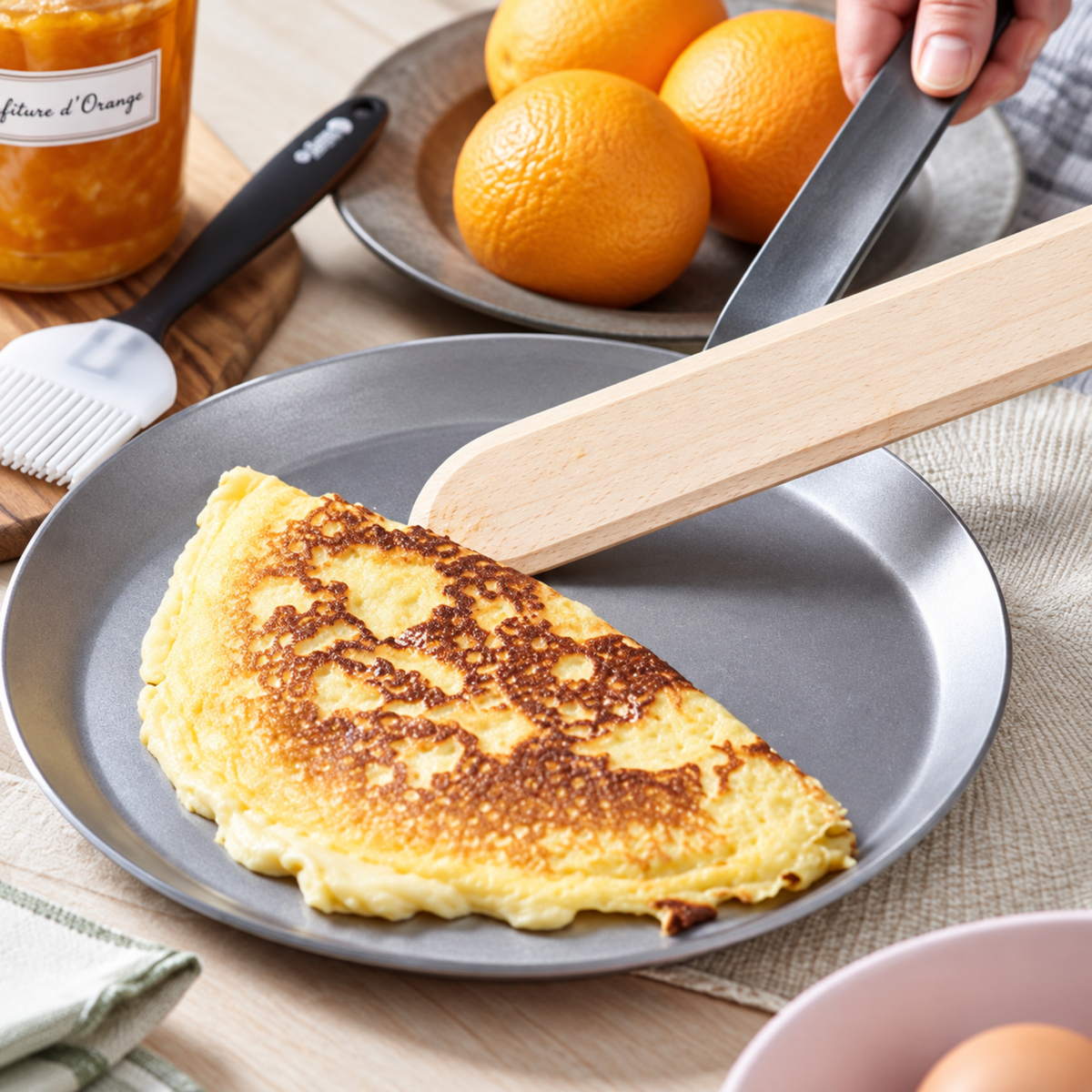 Poêle De Buyer avec omelette et spatule en bois